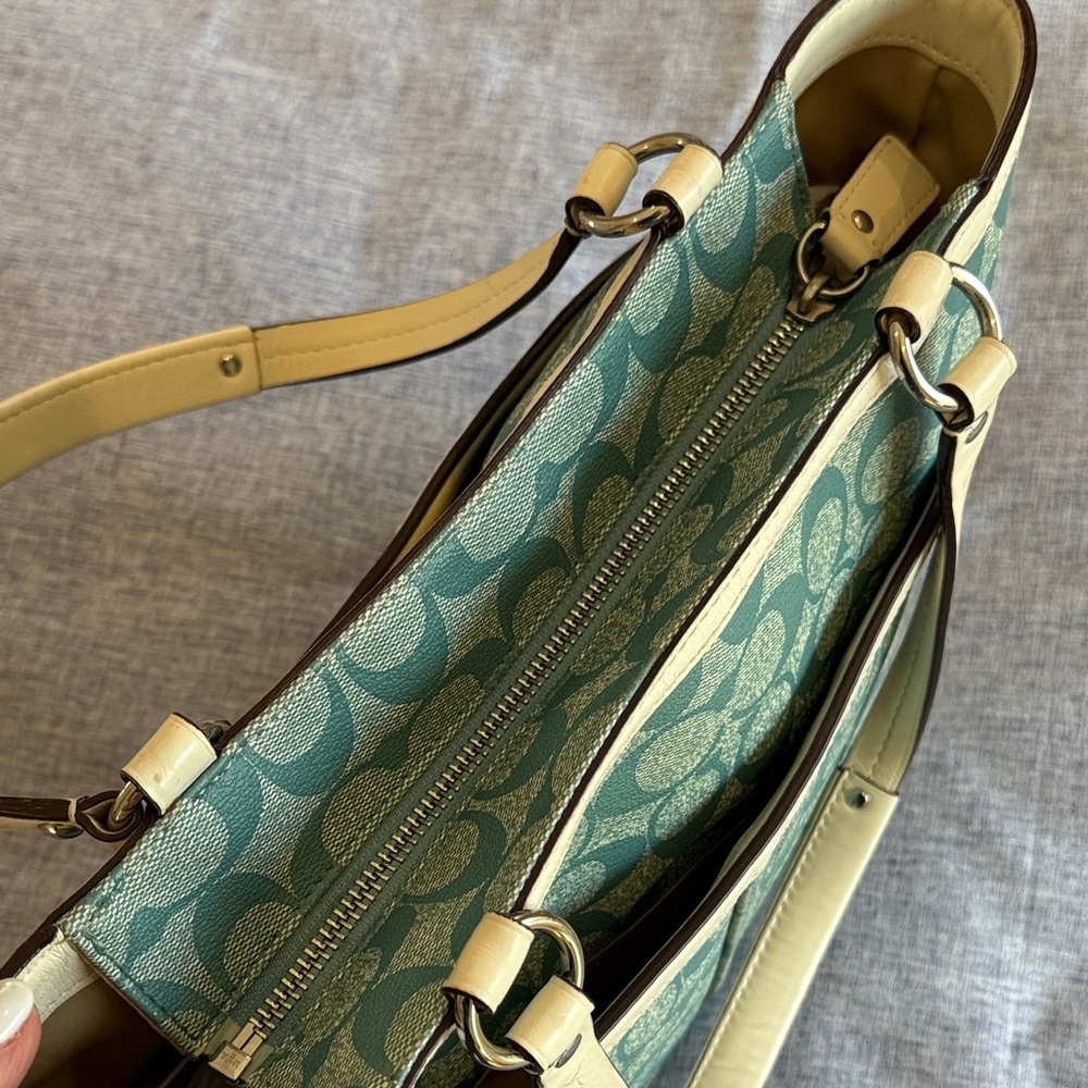 Coach Teal Signature Stripe Tote with Ivory Trim - Picture 6 of 15